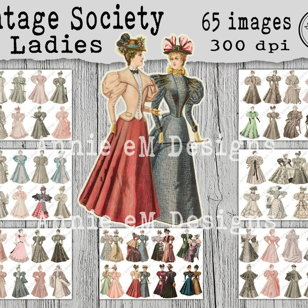Vintage Society Ladies -- 65 Images, Printable Fashion Journal Ephemera Digital Download Illustrations
