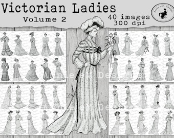 以下が含まれることがあります： さまざまなポーズと服装スタイルのビクトリア朝の女性を描いた、白黒の画像40枚セット。画像は300dpiで、「Victorian Ladies Volume 2」というタイトルです。