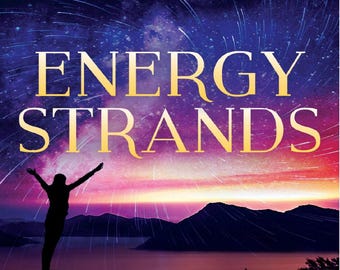 May include: Book cover with a silhouette of a person with arms raised against a purple and pink sunset sky with a mountain range in the background. The title of the book is "ENERGY STRANDS" and the author is "DENISE LINN, the best-selling author of Soul Coaching".