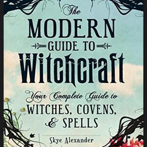 Könnte beinhalten: Buchcover mit dem Titel "The Modern Guide to Witchcraft" in großen, fetten Buchstaben. Das Cover zeigt florale und Ranken-Akzente, mit dem Namen des Autors, Skye Alexander, unten. Der Untertitel lautet "Your Complete Guide to Witches, Covens, & Spells."