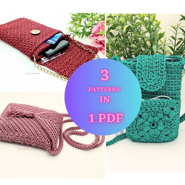 Crochet Pattern Best Seller Bags Bundle 3in1 PDF - Cellphone Bag with 3 Compartments, Phone Bag Pattern with Front Packet and Chevron Bag