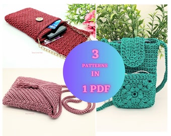 Crochet Pattern Best Seller Bags Bundle 3in1 PDF - Cellphone Bag with 3 Compartments, Phone Bag Pattern with Front Packet and Chevron Bag