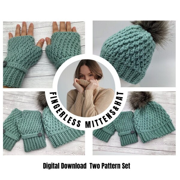 PATRÓN DE GANCHILLO conjunto de guantes y gorro de crochet, guantes y gorro en inglés, ideal para regalo de Navidad, tutorial para mujeres, niños y adolescentes