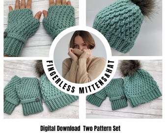 CROCHET PATTERN fingerless mittens and hat set crochet gloves and beanie in English great for Christmas gift  women child teen size tutorial