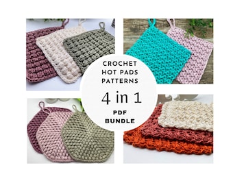 4 in 1 PDF Crochet Pattern Potholder Kitchet Housewarming Gift Idea for Beginner , 4 Hot Pads Patterns Crochet Potholder with Photo Tutorial