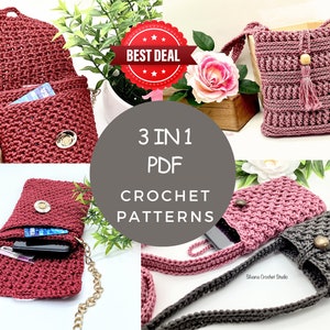 Crochet Pattern 3 Phone Bags Bundle Purse Tutorial Great Gift Idea Cellphone Bag with 3 Compartments Romantic Crossbody and Bag Stary Phone