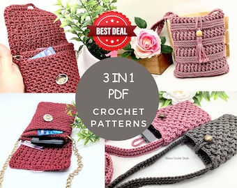Crochet Pattern 3 Phone Bags Bundle Purse Tutorial Great Gift Idea Cellphone Bag with 3 Compartments Romantic Crossbody and Bag Stary Phone