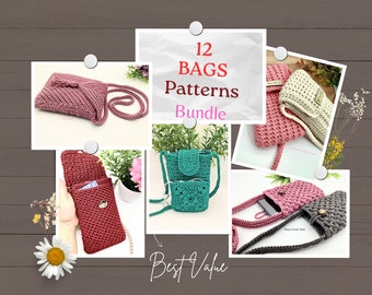 Crochet Pattern 12 Bags Bundle Best Value Best Selling Purses Patterns Phone Bag Crossbody Bag Mobile Bag Stylish Summer Bags for Beginners