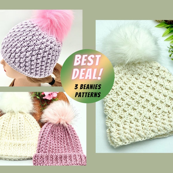 Crochet Pattern 3 Beanie Bundle Crochet Hat Tutorial 1 PDF Sizes from Baby to Large Adult Textured Modern Beanies Hats Gift Idea for Family