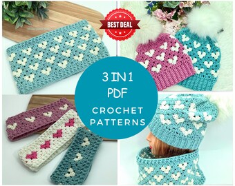 Crochet Pattern Little Hearts 3 in 1 PDF Bundle Beanie Hat Tutorial Cowl Neck Warmer Pattern Headband Earwarmmer Beginners Friendly Patterns