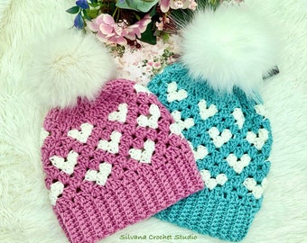 Crochet Pattern Little Hearts Slouchy Hat Valentine Heart Beanie  Tutorial Beginners Valentine Gift Idea Sizes from Baby to Adult in English