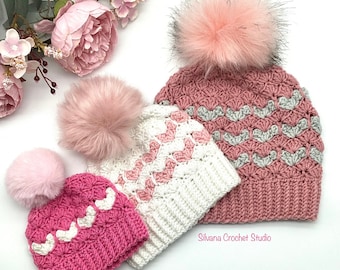 CROCHET PATTERN Sweet Heart Crochet Hat Heart Beanie Tutorial Sizes from Baby-Large Adult Christmas Gift and Valentine Day Gift Fall Beanie