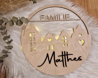 Türschild Lichterhäuser Familie| personalisiert| beleuchtet| 3D Schriftzug