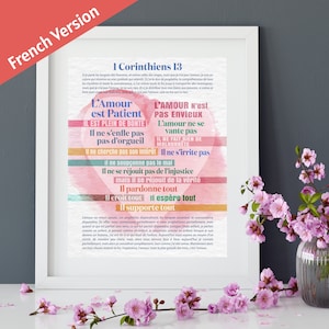 1 Corinthians 13 verses printable, French Version - Excellency and tribute to Love in the bible - Watercolor background - Love attributes