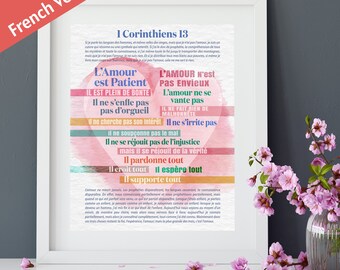 1 Corinthians 13 verses printable, French Version - Excellency and tribute to Love in the bible - Watercolor background - Love attributes