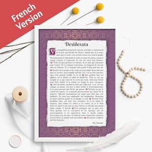 May include: A vintage-style print with a purple background and gold accents features a text-based quote in French, titled "Desiderata". The quote is written in a decorative font and includes a quote by Max Ehrmann.