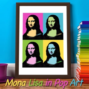 Può includere: Una stampa in stile pop art della Gioconda con quattro sfondi di colori diversi: rosa, blu, verde e giallo. Ogni sfondo ha un colore diverso per il tono della pelle della Gioconda.