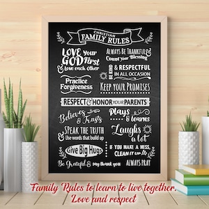 May include: A framed chalkboard-style sign with the words "Christian Family Rules" at the top. The sign lists various rules in white script, including "Love your God First" and "Always be Thankful." The bottom reads "Family Rules to learn to live together."