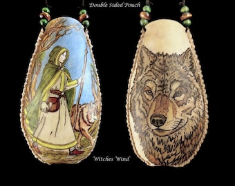 Deer Rawhide Medicine Pouch ~ Celtic Herbal Wanderer and Wolf Companion ~ Medicine Bag Pouch Shaman Bag