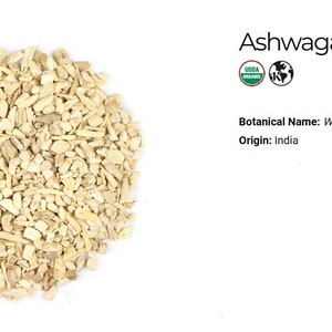 May include: A close-up of a pile of dried, light brown Ashwagandha root. The root is certified USDA Organic and Fair Trade. The text "Ashwagandha Root" is visible in the image. The botanical name, "Withania somnifera", and the origin, "India", are also listed.