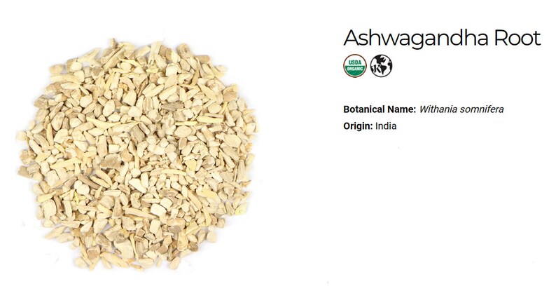 May include: A close-up of a pile of dried, light brown Ashwagandha root. The root is certified USDA Organic and Fair Trade. The text "Ashwagandha Root" is visible in the image. The botanical name, "Withania somnifera", and the origin, "India", are also listed.