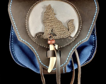Leather Hip Pouch with Howling Wolf and Full Moon – Cowhide & Blue Suede Bag for Ren Faire, Festival Gear, Witch Bags, Shaman Bags