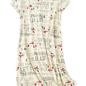 May include: Cream-colored nightgown with a V-neck and short sleeves. The fabric is patterned with gray text, snowmen, snowflakes, and winter-themed phrases like "Let it snow" and "Snuggle up".