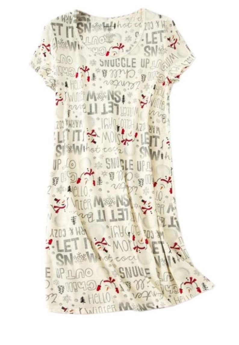 May include: Cream-colored nightgown with a V-neck and short sleeves. The fabric is patterned with gray text, snowmen, snowflakes, and winter-themed phrases like "Let it snow" and "Snuggle up".