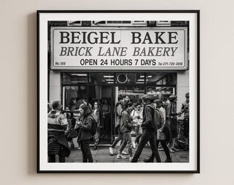 Beigel Bake Brick Lane Photo Print - Iconic London Street Photography, East London Urban Life, Black & White City Wall Art, Food Culture