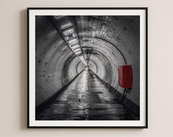 Lámina del túnel peatonal de Greenwich, arte mural en blanco y negro de Londres, fotografía, lámina cuadrada monocromática moderna, decoración urbana arquitectónica.