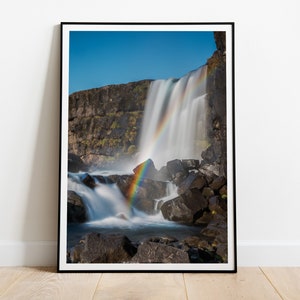 Stampa di cascata islandese - Öxarárfoss e arcobaleno, paesaggio islandese, arte murale nordica, fotografia naturalistica, immagine con/senza cornice, tela