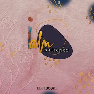 Könnte beinhalten: Ein goldenes und weißes Grafikdesign mit dem Text "calm collection" auf einem dunkelblauen Hintergrund. Das Design ist von goldenen Kreisen auf einem rosa Hintergrund umgeben.