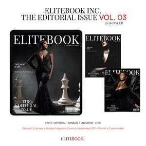 Puede incluir: Un planificador digital con tres portadas de revista. La portada principal presenta a una mujer con un vestido negro con piezas de ajedrez. El texto dice "ELITEBOOK INC. THE EDITORIAL ISSUE VOL. 03 2026 DATED". El estilo es editorial, minimalista y chic de revista.