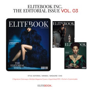 May include: A digital planner titled "ELITEBOOK INC. THE EDITORIAL ISSUE VOL. 03" featuring three magazine covers. The main cover shows a woman in a blue fur coat. The other covers feature women in elegant attire. The planner's style is editorial, minimal, and magazine chic.