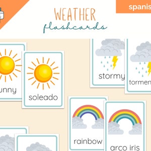 Cartes flash imprimables sur la météo espagnole, Vocabulaire de la météo et des saisons, Apprendre l'espagnol, Bilingue, Cartes flash espagnoles téléchargeables, ESL