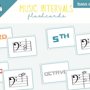 Piano-intervallen afdrukbare flashcards, bassleutel, toetsenbordmuzieknotitiekaarten, muziekleerspel, flashcards downloaden, piano leren