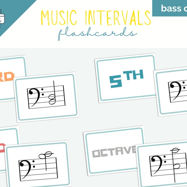 Piano Intervals Printable Flashcards, Bass Clef, Keyboard Music Notes Cards, Music Learning Game, Flashcards Download, Teaching Piano