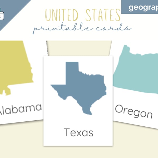 United States Printable Cards, USA Geography Flashcards, Wall Art, Classroom Decor, Printable State Cards, United States Poster