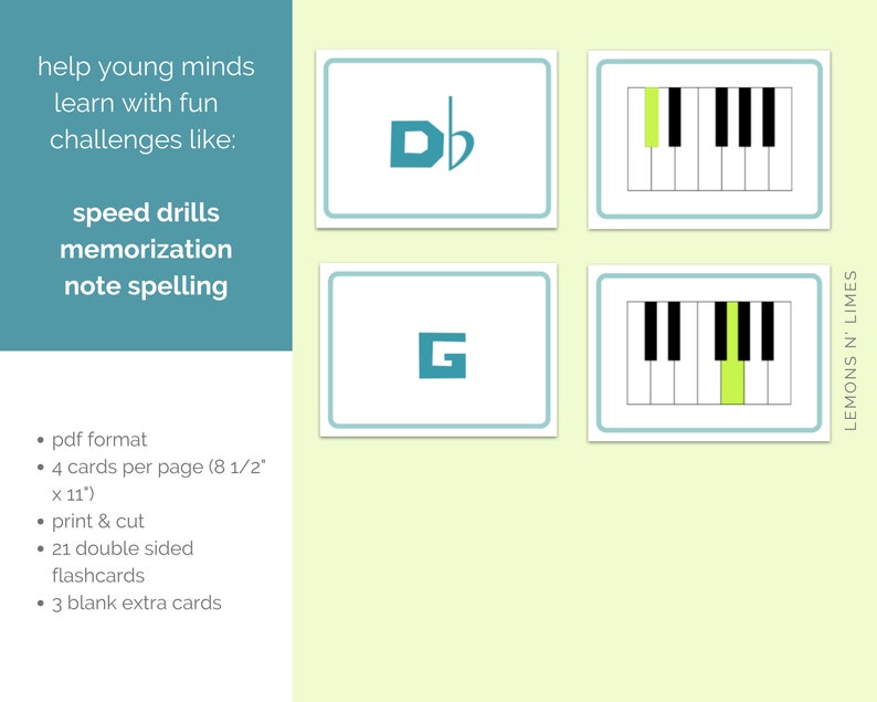 Piano Keys Printable Flashcards, Piano Music Notes Notecards, Music