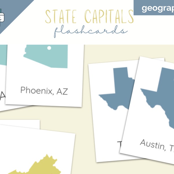 State Capitals Printable Flashcards, US State Capitals Reference Cards, Geography Notecards, USA Geography, Classroom Decor, Printable State