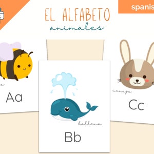 Karty z alfabetem hiszpańskim, El Alfabeto Animal, Karty do druku ABC, Dekoracje ścienne, Klasa, Przedszkole, Nauka hiszpańskiego, Edukacja domowa, Karty obrazkowe