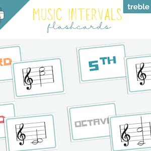 Piano-intervallen afdrukbare Flashcards, Solsleutel, toetsenbordmuzieknotitiekaarten, muziekleerspel, Flashcards downloaden, piano leren