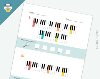 Afdrukbaar woordspel pianotoetsen, muzieknoten leren (pdf)