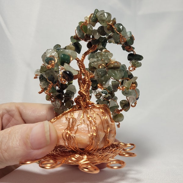 Moss Agate Weeping Willow Tree on Calcite