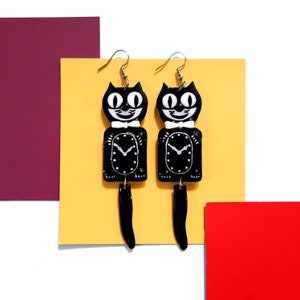 Retro Black Cat Clock Earrings: 1940s and 50s Mid Century Pop Art Dangles, Kitschy Americana Gift