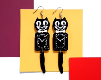 Retro Black Cat Clock Earrings: 1940s and 50s Mid Century Pop Art Dangles, Kitschy Americana Gift