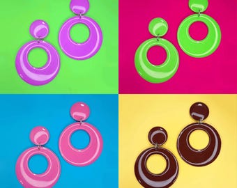 60s Mod Circle Earrings | Purple, Green, Pink, Chocolate | Handmade Retro Jewellery with Titanium Studs