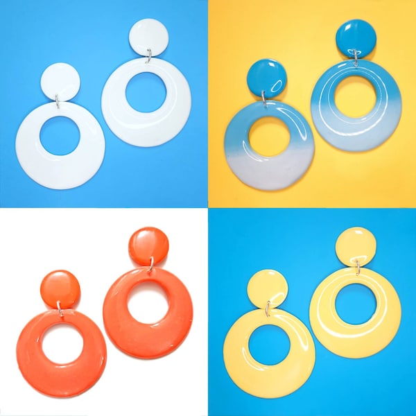 60s Retro Circle Earrings: Mod Hoops in White, Sky Blue, Orange, Yellow - Mid Century Jewelry