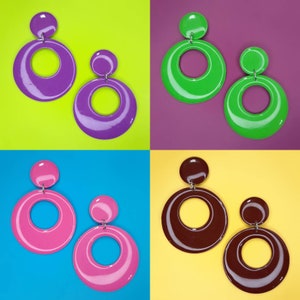 60s Mod Retro Circle Earrings | Handmade Stud Dangles in Purple, Green, Pink, Chocolate | Titanium Posts