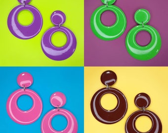 60s Retro Circle Earrings: Mod Hoops in Purple, Green, Pink, Chocolate - Mid Century Jewelry